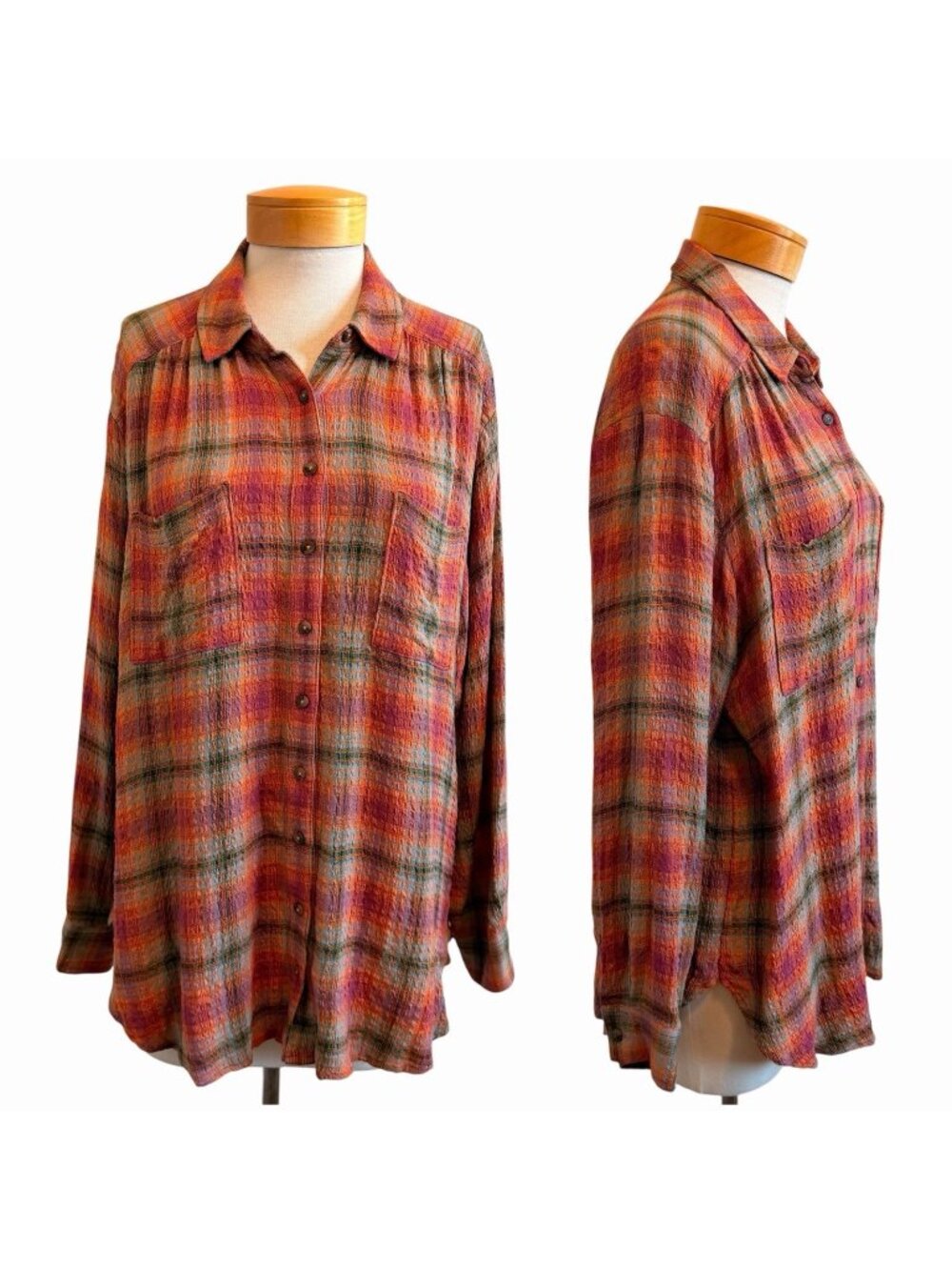 Pilcro Anthropologie Seamed Plaid Tunic Orange Button Front Shirt Rodeo L